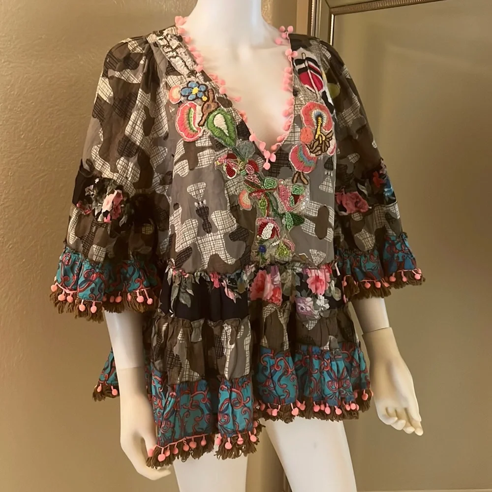 Antica Sartoria Camo Embellished Pom Pom Tunic Top - Picture 1 of 7